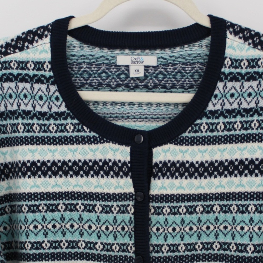Croft‎ & Barrow $54 XXL Navy Teal White Fair Isle Button Front Knit Sweater - Picture 4 of 12